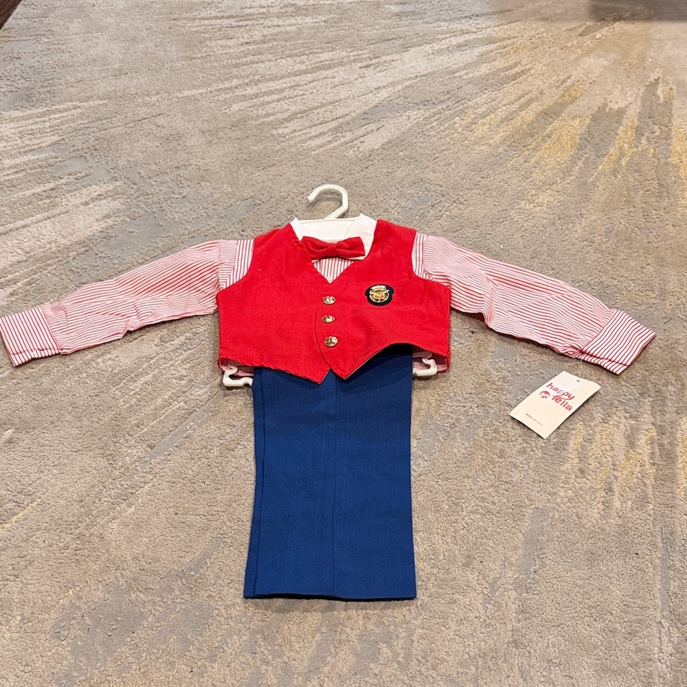 Vintage Toddler Boy 4 Pc Shirt Vest Pant Bowtie Pinstripe 2t happy Fella USA new